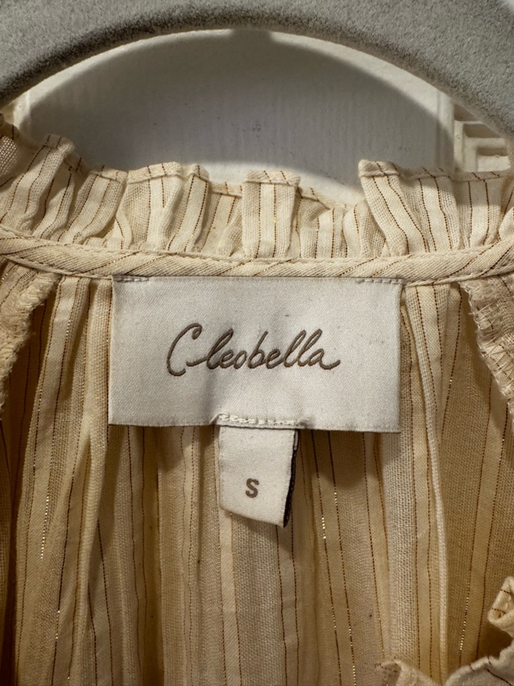 Cleobella Cream Ari Metallic Sparkle Stripe Ruffled Long Sleeve Peasant Blouse S - Picture 12 of 14